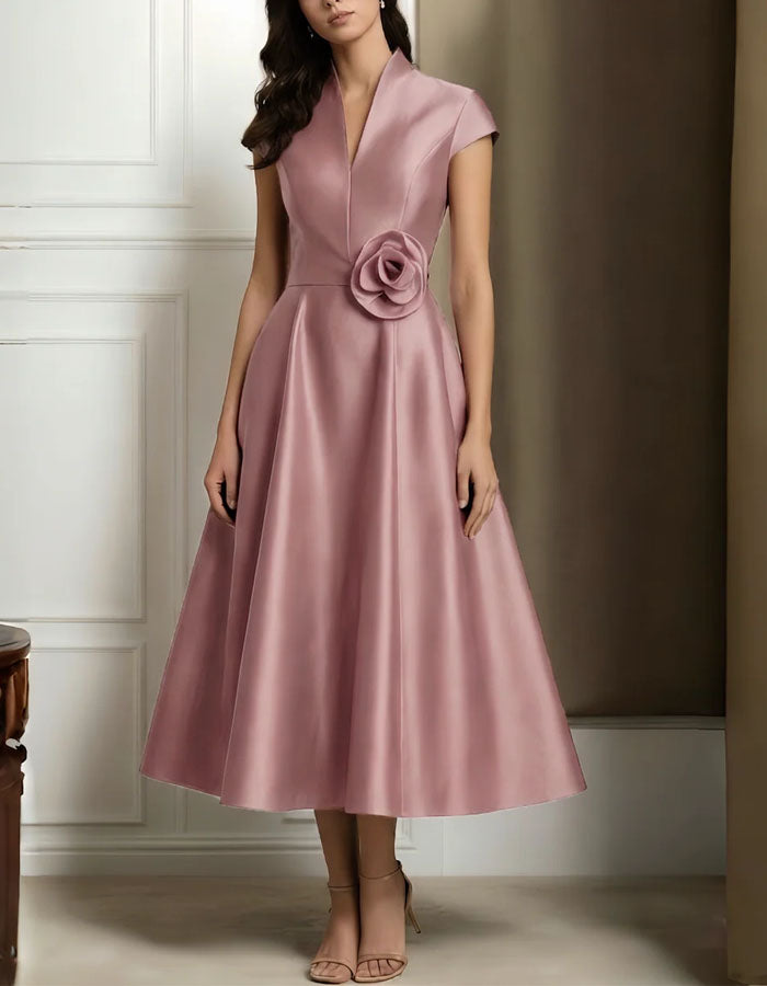 Grayish Pink 3D Floral Satin Miidi Dress
