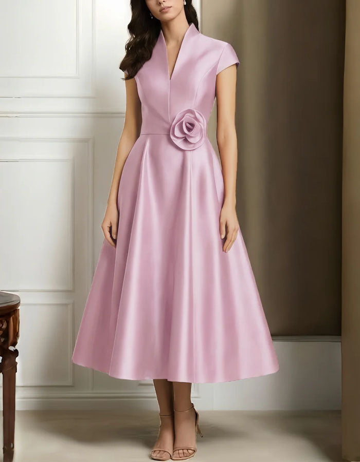 Grayish Pink 3D Floral Satin Miidi Dress