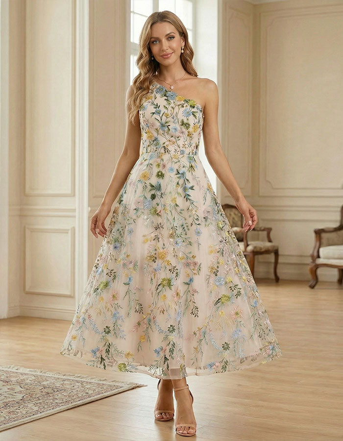 Light Pink Floral Off Shoulder Mesh Fabric Maxi Dress