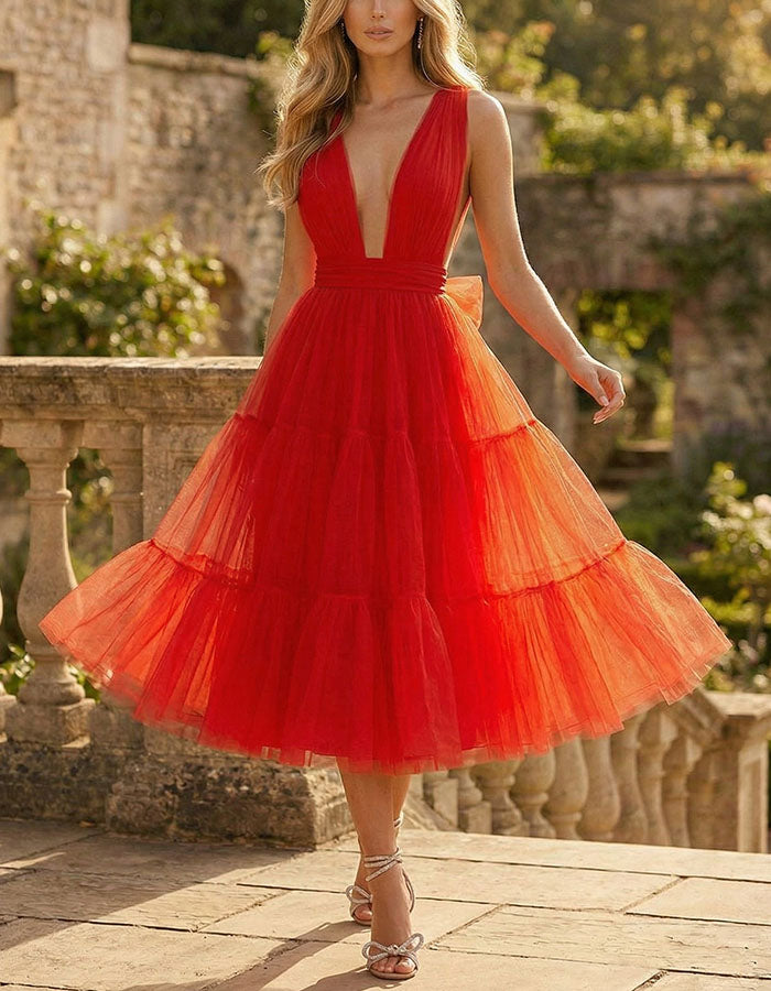 Orange Red Deep V-neck Backless Mesh Cake Layer Midi Dress