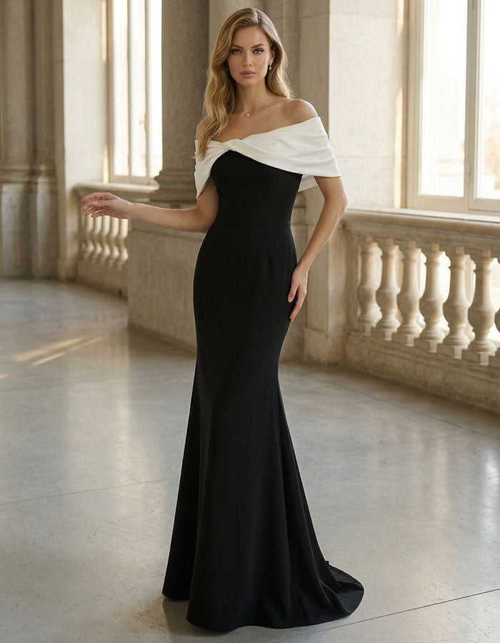 Black And White Color Blocking Off Shoulder Fishtail Maxi Dress