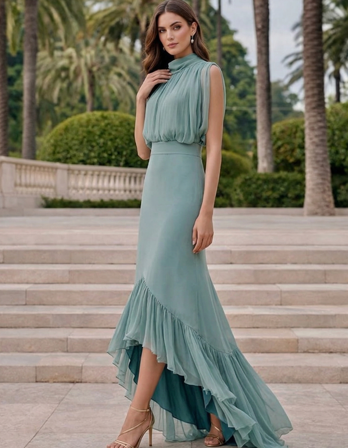 Sage Green Chiffon High-neck Drape Maxi Dress