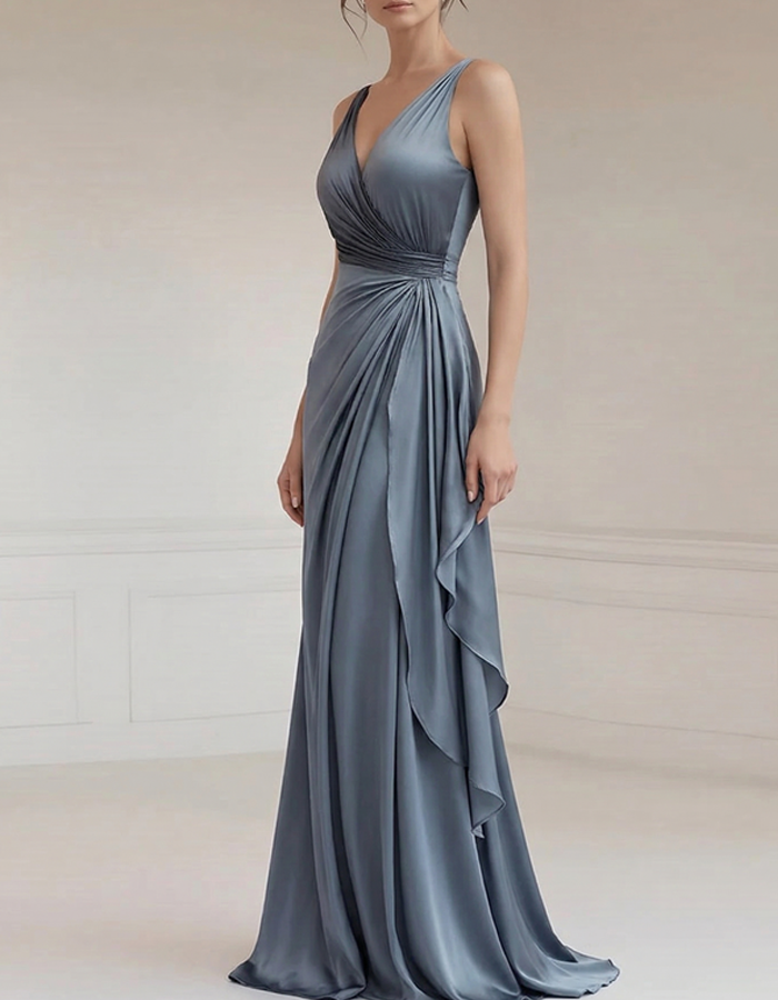 Satin Deep V-neck Draped Wrap Maxi Dress