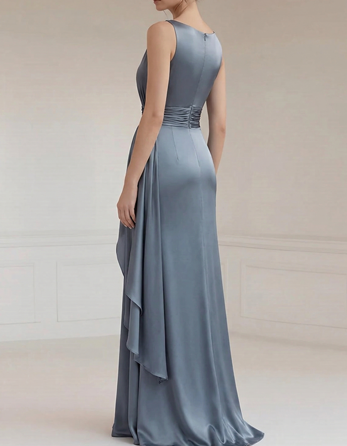 Satin Deep V-neck Draped Wrap Maxi Dress