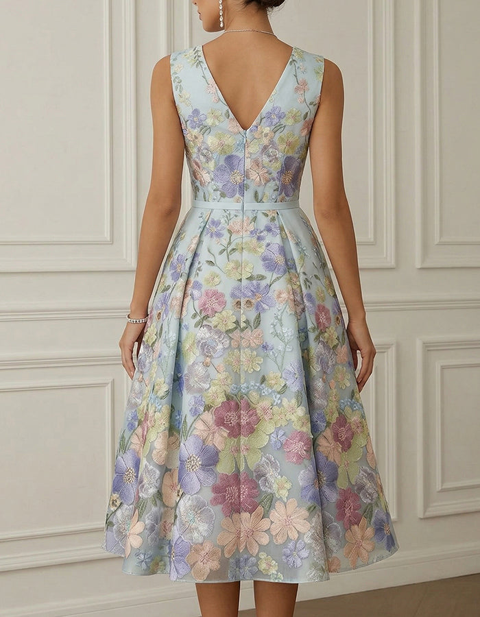 Sky Blue 3D Floral Embroidered Sleeveless A-Line Midi Dress