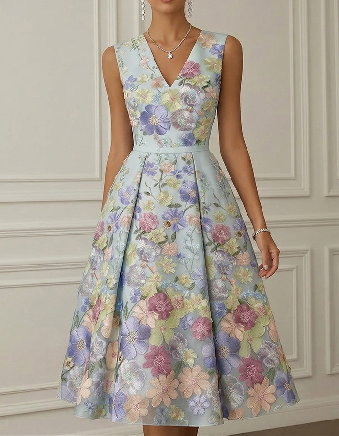 Sky Blue 3D Floral Embroidered Sleeveless A-Line Midi Dress