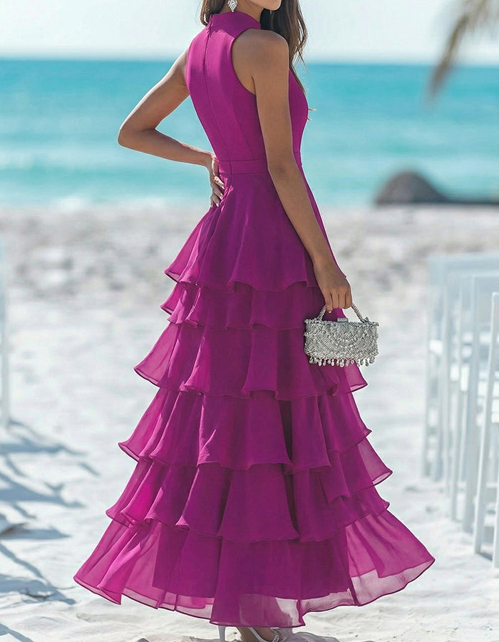Fuchsia High-Neck Tiered Ruffle Chiffon Maxi Dress