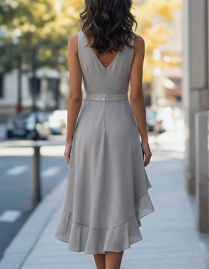 Light Grey V-Neck Asymmetrical Ruffle Hem Chiffon Midi Dress