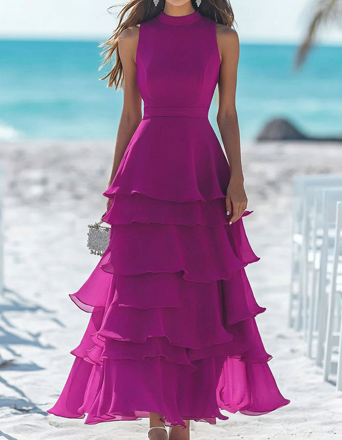 Fuchsia High-Neck Tiered Ruffle Chiffon Maxi Dress