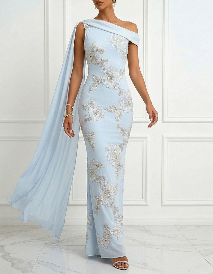 Light Blue Off Shoulder Embroidered Fishtail Fabric Maxi Dress