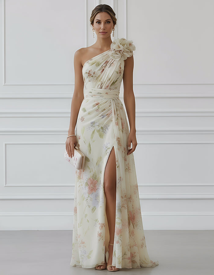 Maxivestido de gasa con estampado floral colorido y flores 3D, hombros descubiertos, aberturas y base en beige claro