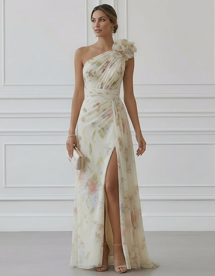 Maxivestido de gasa con estampado floral colorido y flores 3D, hombros descubiertos, aberturas y base en beige claro