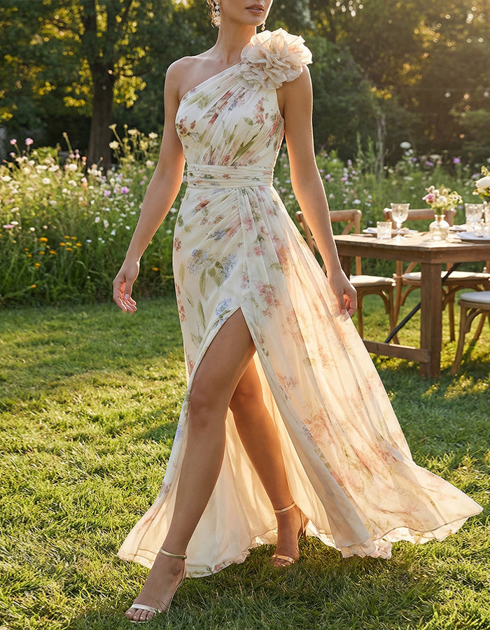 Maxivestido de gasa con estampado floral colorido y flores 3D, hombros descubiertos, aberturas y base en beige claro