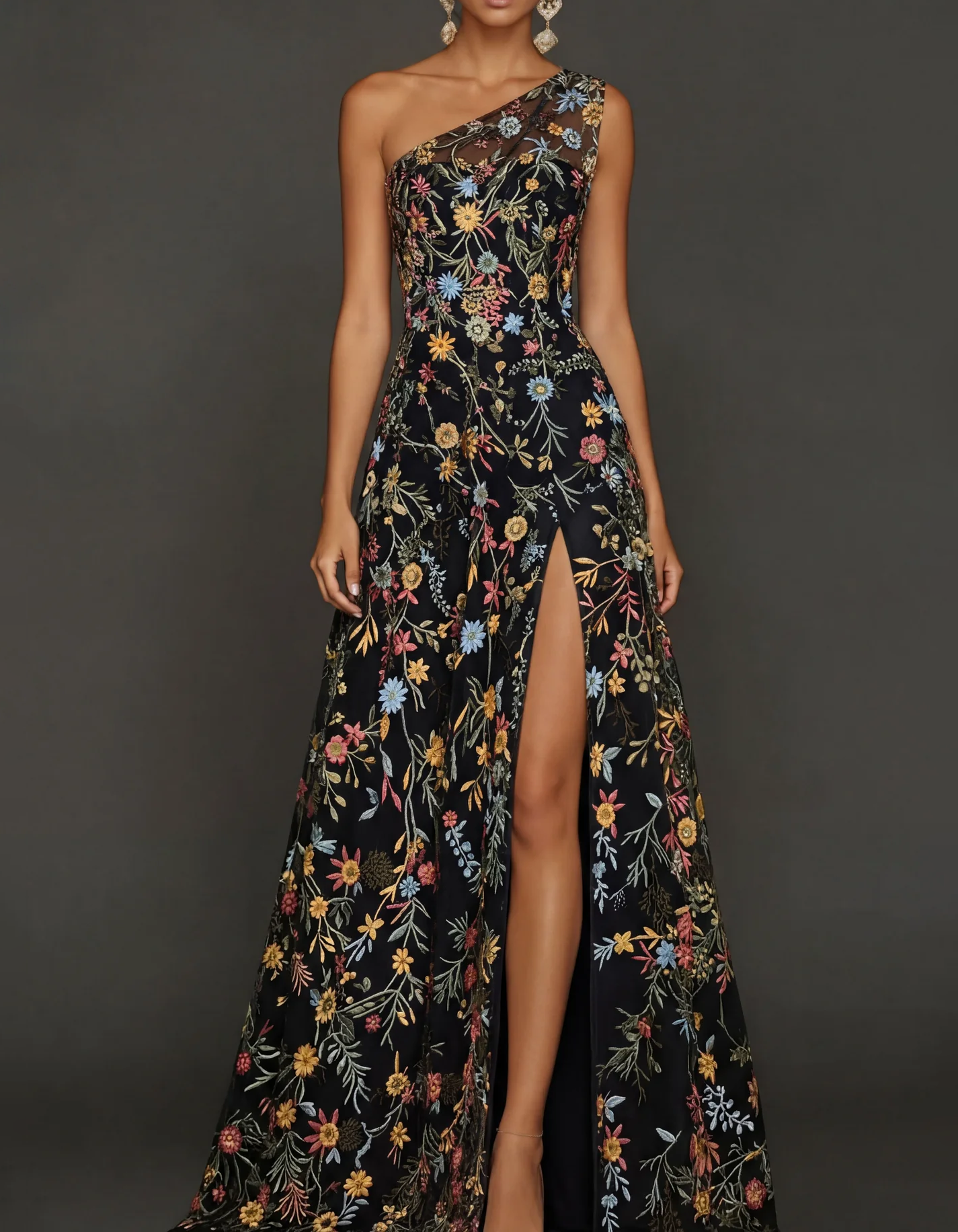 Chiffon Lace Embroidered One Shoulder Fitted Waist Maxi Dress