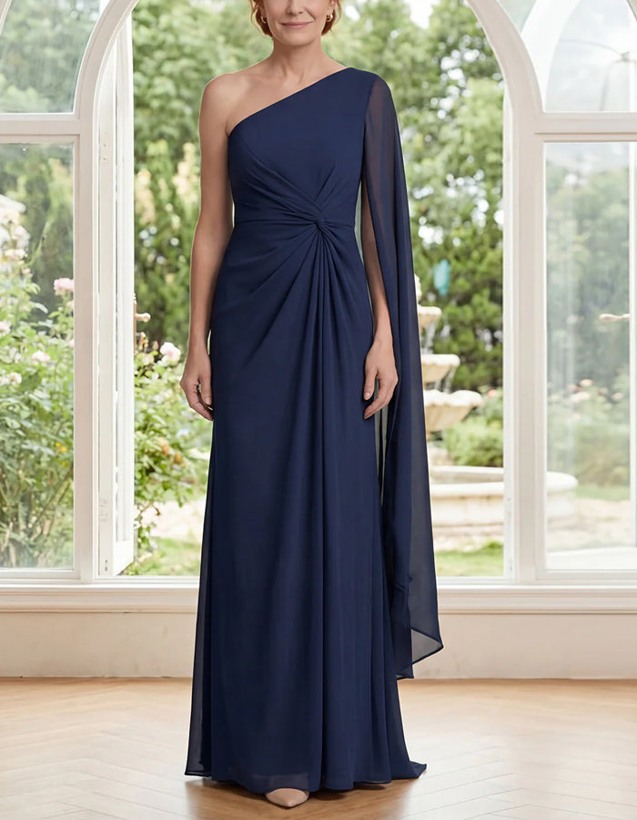 Navy Blue Off Shoulder Ribbon Twisted Chiffon Maxi Dress