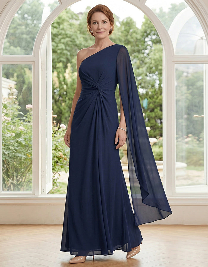 Navy Blue Off Shoulder Ribbon Twisted Chiffon Maxi Dress