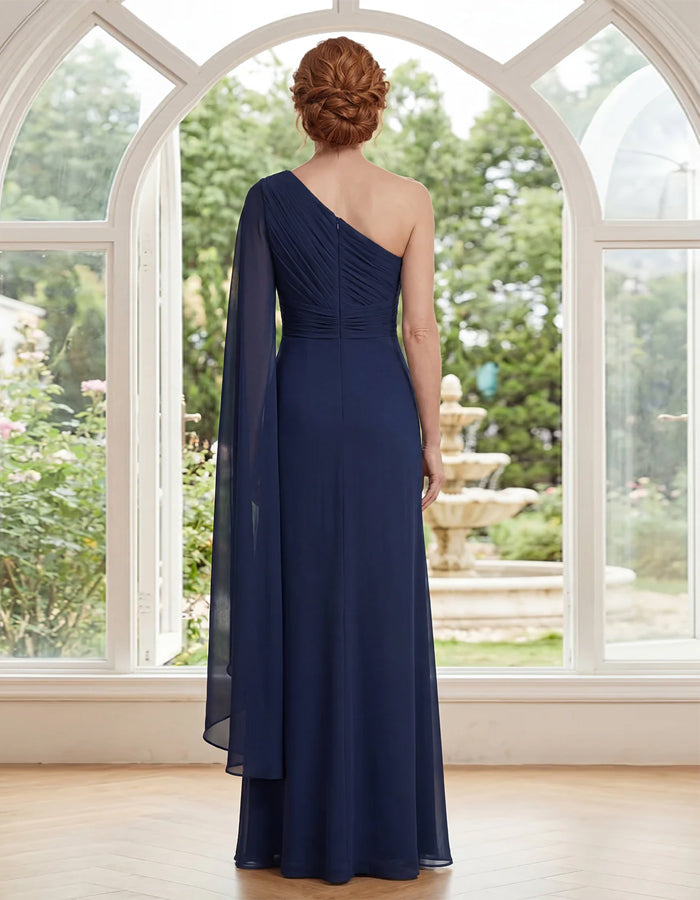 Navy Blue Off Shoulder Ribbon Twisted Chiffon Maxi Dress