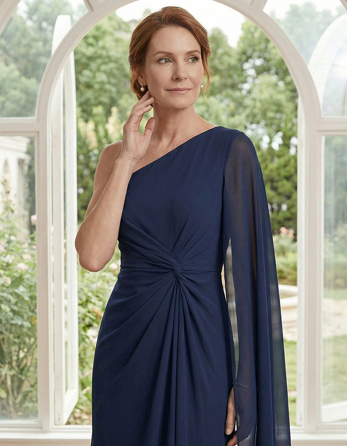 Navy Blue Off Shoulder Ribbon Twisted Chiffon Maxi Dress