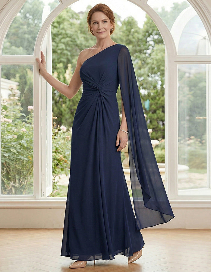 Navy Blue Off Shoulder Ribbon Twisted Chiffon Maxi Dress