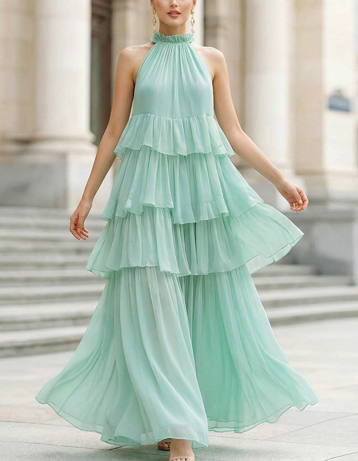 Mint Green Halter Neck Ruffled Three Tiered Cake Chiffon Maxi Dress