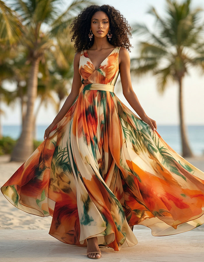 Vestido maxi de chifón con escote en V y estampado de plantas tropicales naranjas