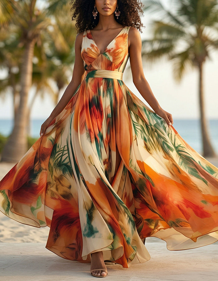 Orange Tropical Plant Print V-neck Chiffon Maxi Dress