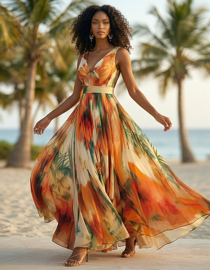 Orange Tropical Plant Print V-neck Chiffon Maxi Dress