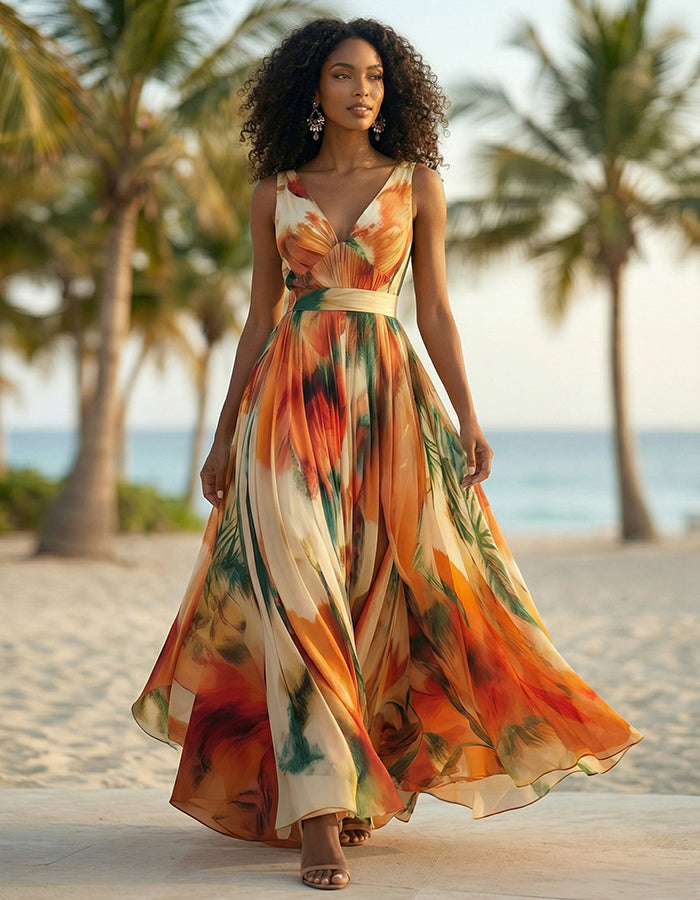 Vestido maxi de chifón con escote en V y estampado de plantas tropicales naranjas