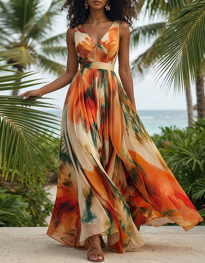 Vestido maxi de chifón con escote en V y estampado de plantas tropicales naranjas