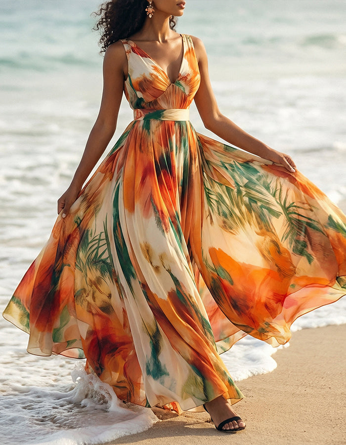 Vestido maxi de chifón con escote en V y estampado de plantas tropicales naranjas