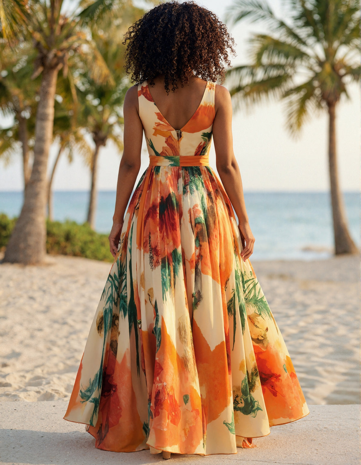 Vestido maxi de chifón con escote en V y estampado de plantas tropicales naranjas