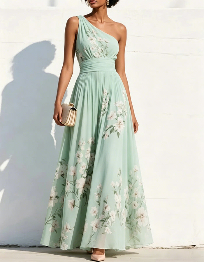 Mint Green Off Shoulder Gardenia Print Fitted Waist Pleated Chiffon Maxi Dress