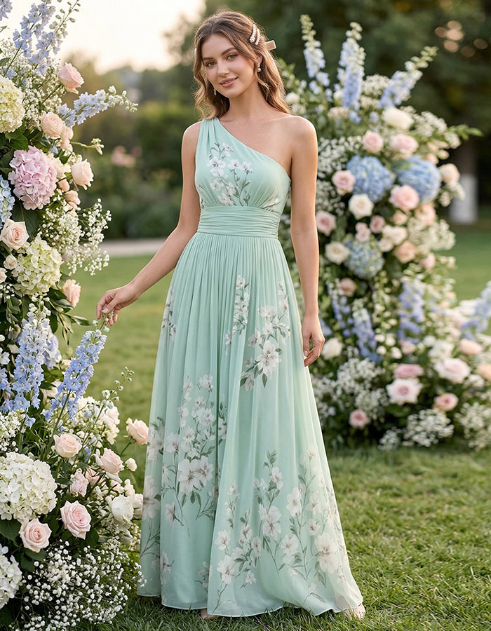 Mint Green Off Shoulder Gardenia Print Fitted Waist Pleated Chiffon Maxi Dress