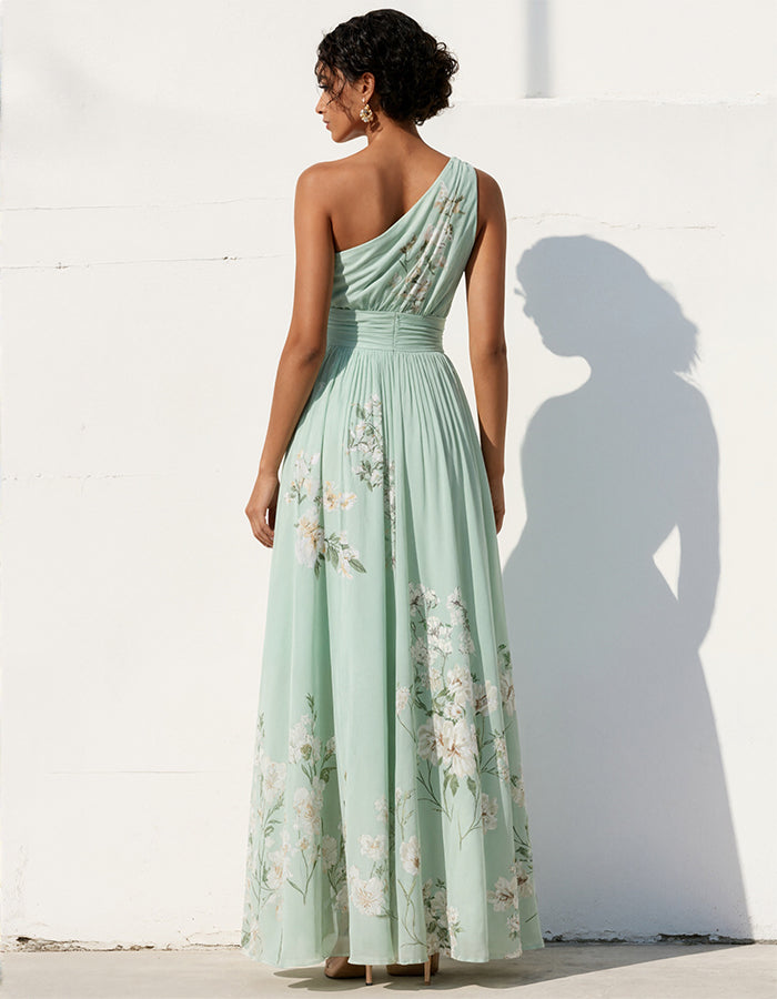 Mint Green Off Shoulder Gardenia Print Fitted Waist Pleated Chiffon Maxi Dress