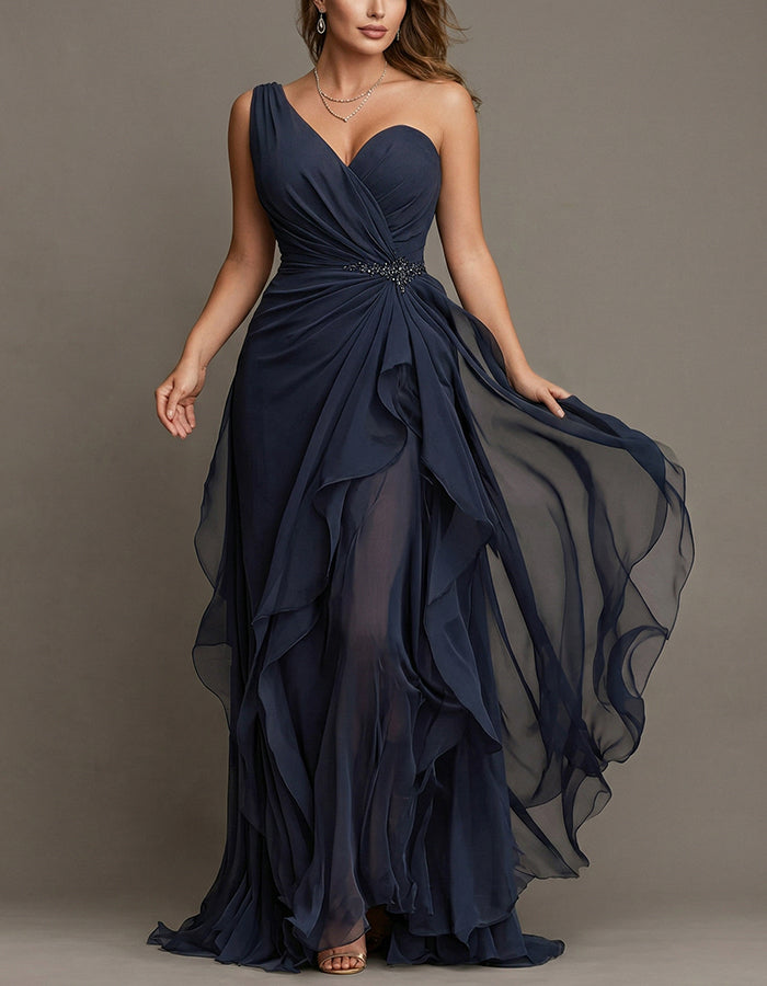 Navy Blue Off Shoulder Appliqué Twisted Ruffle Chiffon Maxi Dress