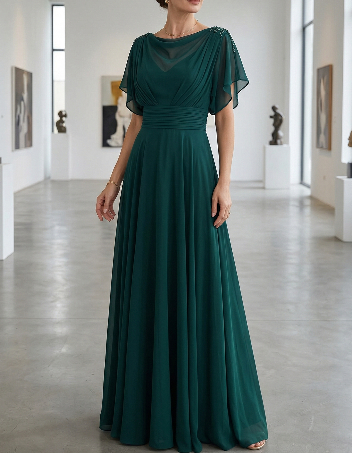 Dark Green Chiffon Draped Neckline Fitted Waist Maxi Dress
