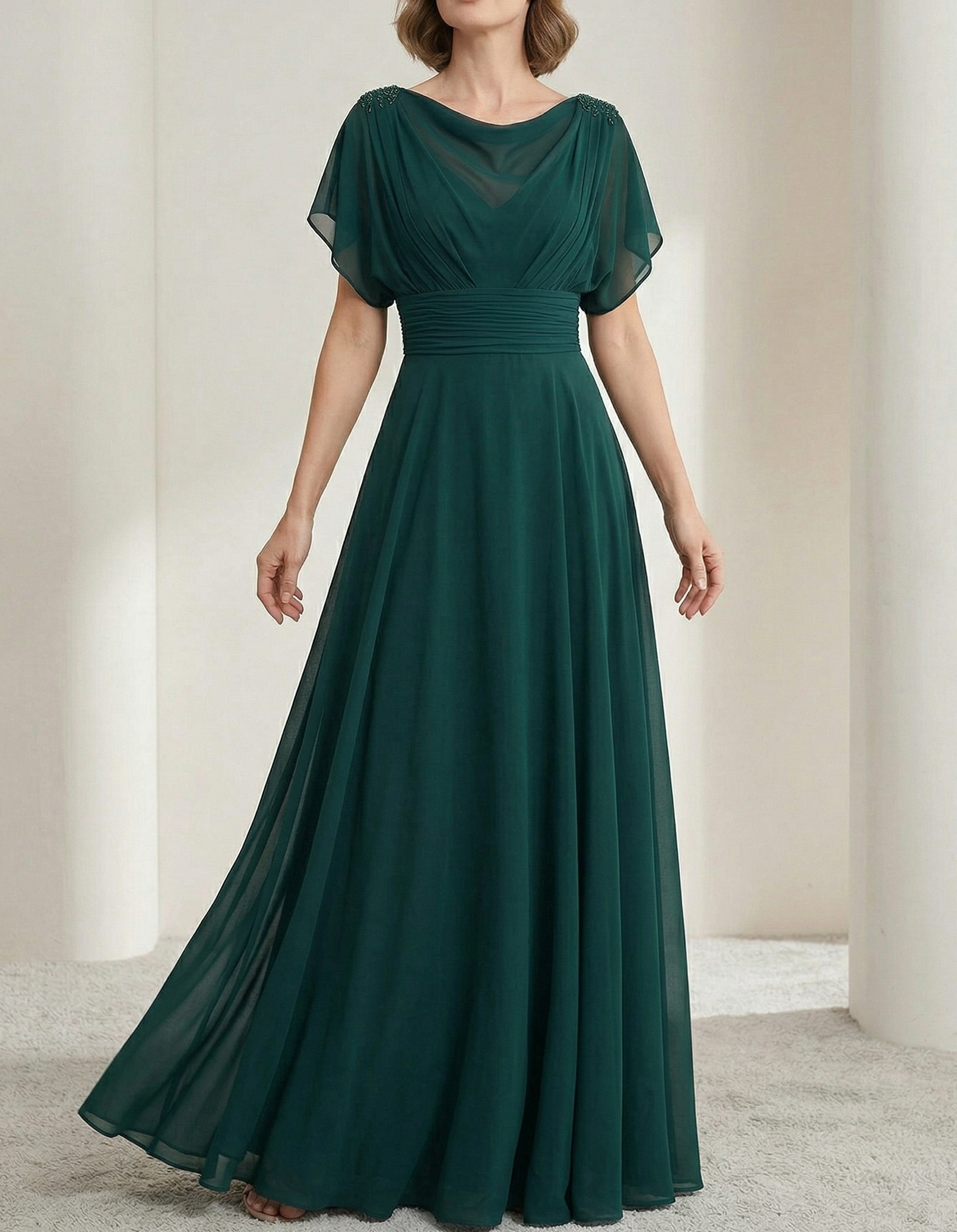 Dark Green Chiffon Draped Neckline Fitted Waist Maxi Dress