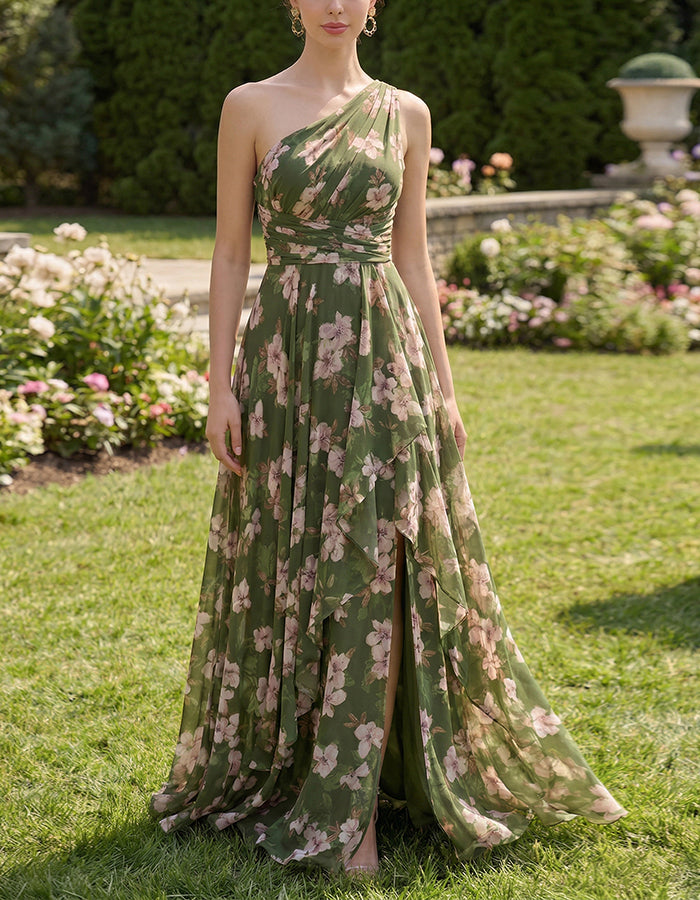 Robe longue en mousseline vert olive à imprimé roses, épaules dénudées et fentes
