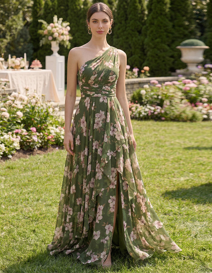 Olive Green Off Shoulder Rose Print Chiffon With Slits Maxi Dress