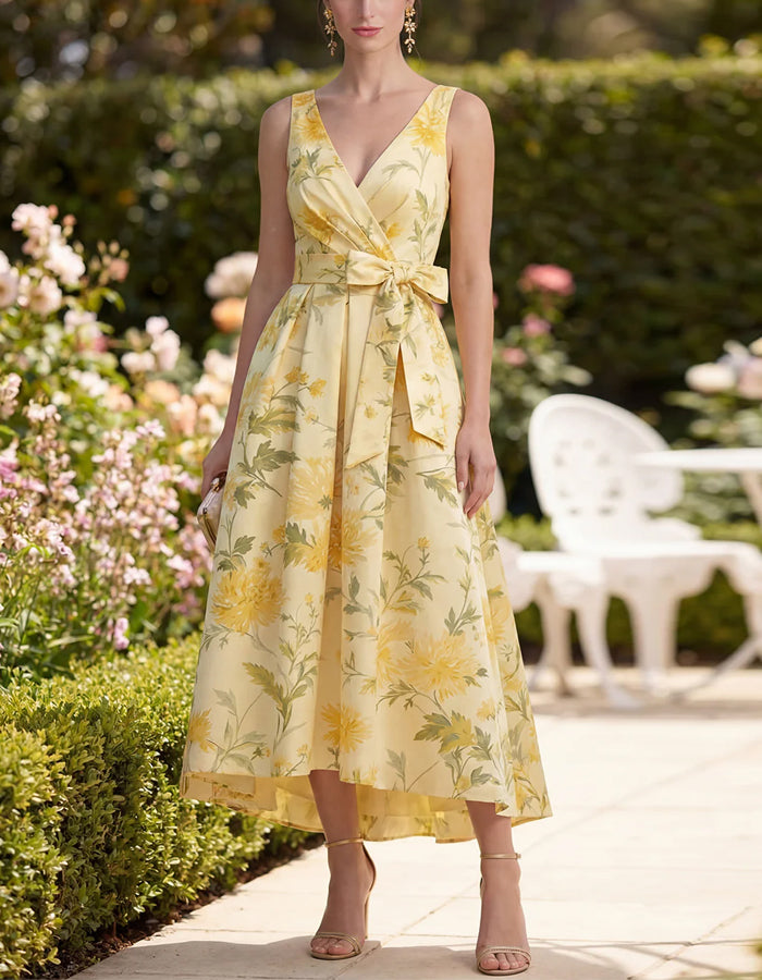 Yellow Daisy Print V-Neck Tie Midi Dress