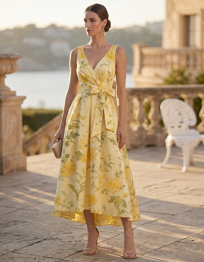Yellow Daisy Print V-Neck Tie Midi Dress