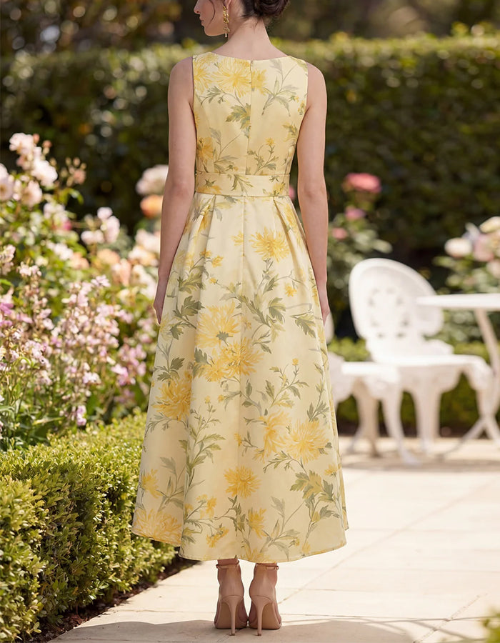 Vestido midi con cuello en V y estampado de margaritas amarillas con lazo