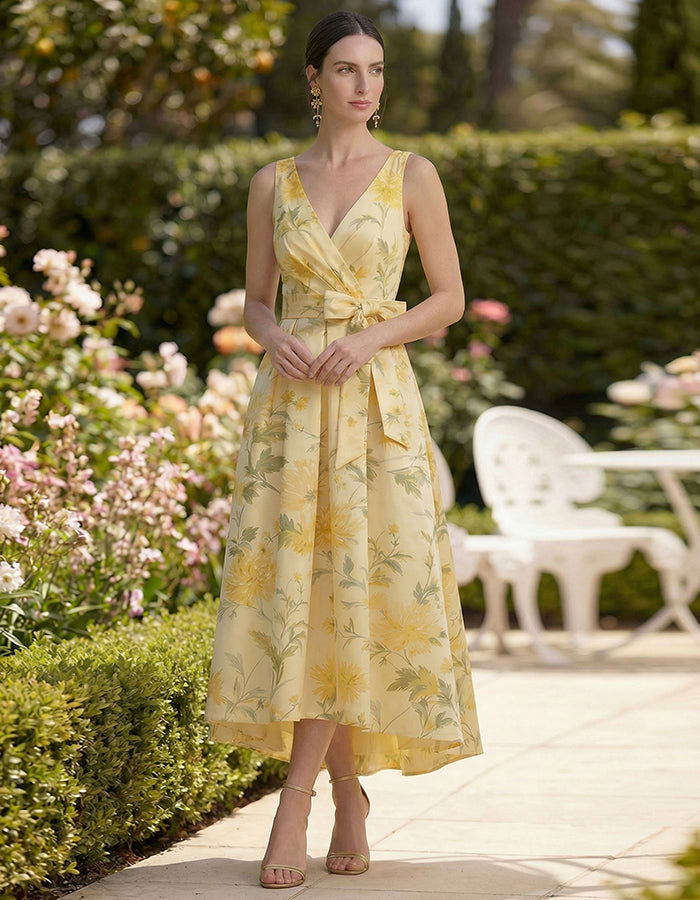 Vestido midi con cuello en V y estampado de margaritas amarillas con lazo