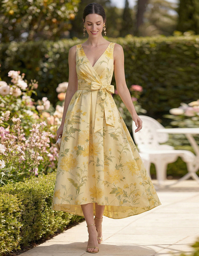 Vestido midi con cuello en V y estampado de margaritas amarillas con lazo