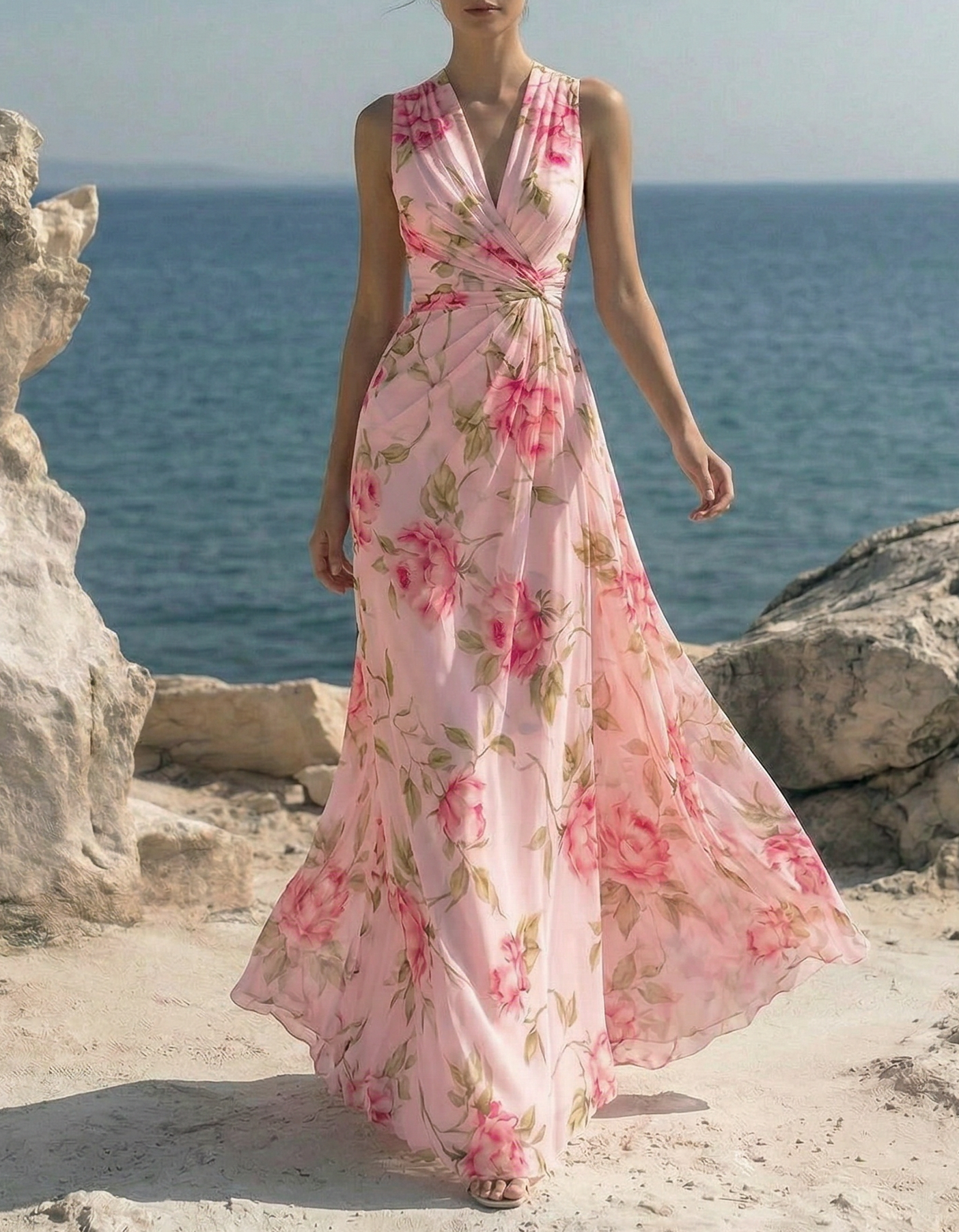 Pink Chiffon Printed V-Neck Empire-Waist Maxi Dress