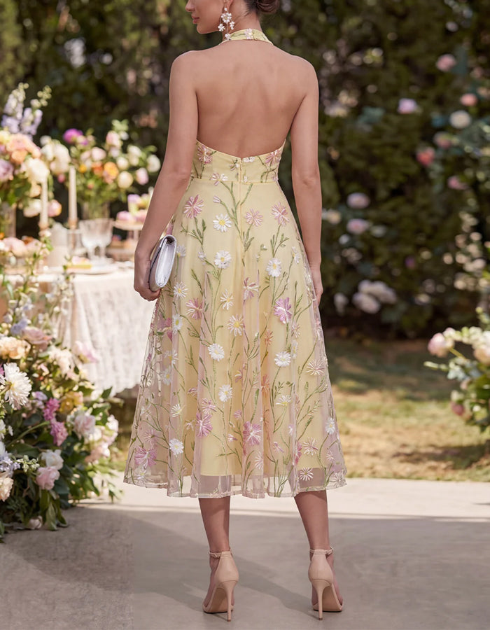Yellow Halter Neck Embroidered Flower Mesh Midi Dress