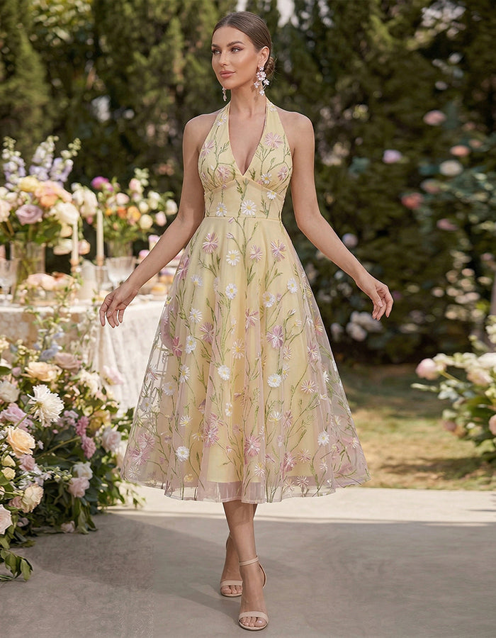 Yellow Halter Neck Embroidered Flower Mesh Midi Dress