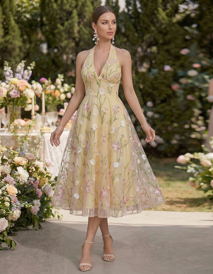 Yellow Halter Neck Embroidered Flower Mesh Midi Dress