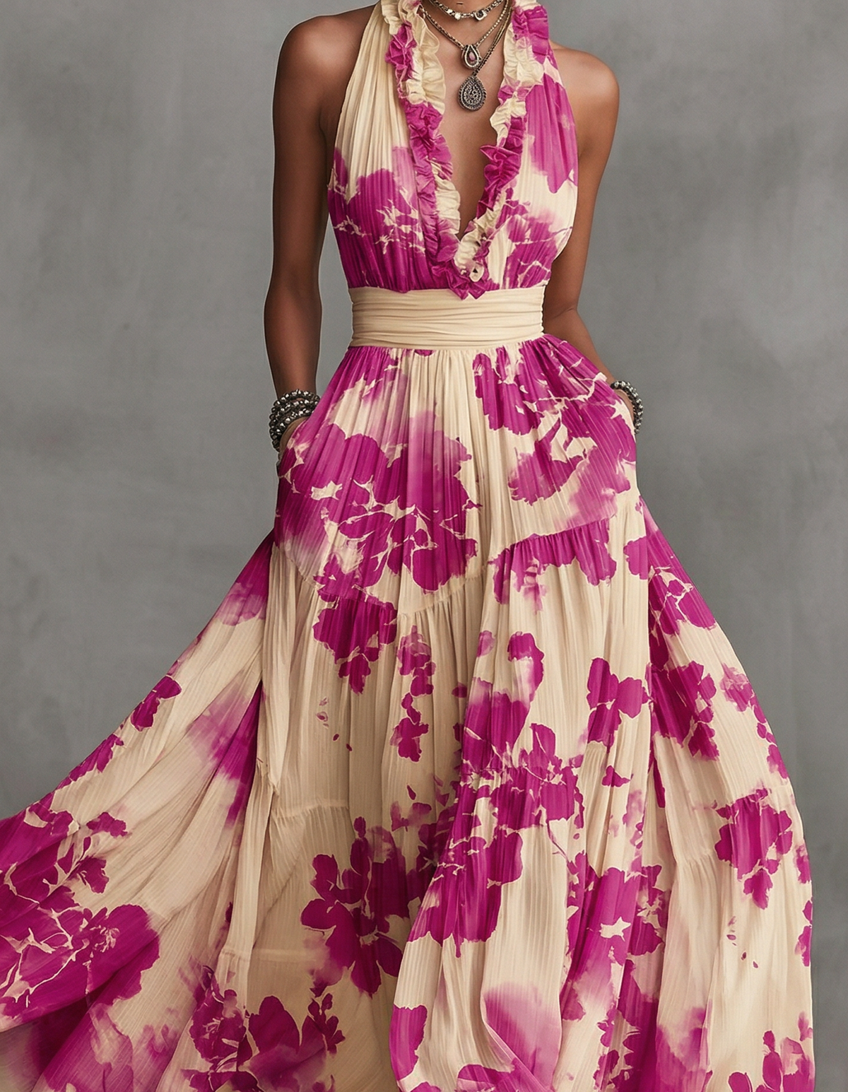 Rose-Pink Chiffon Printed Halter-Neck Maxi Dress with Cinched Waist