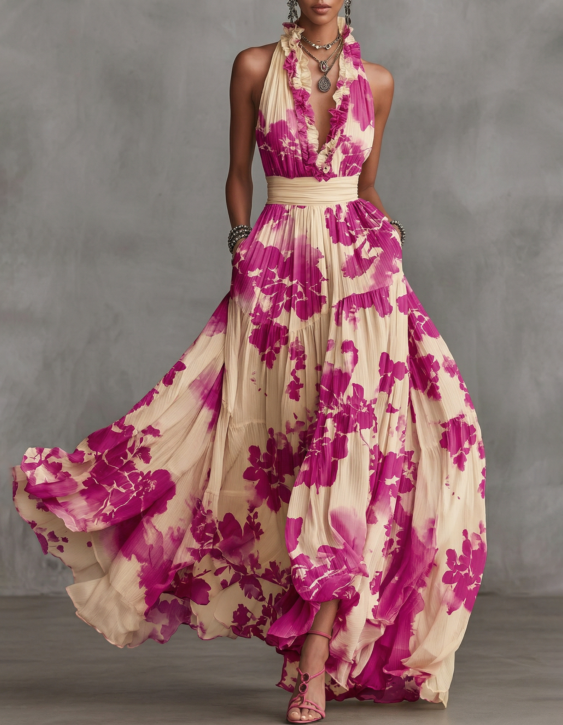 Rose-Pink Chiffon Printed Halter-Neck Maxi Dress with Cinched Waist